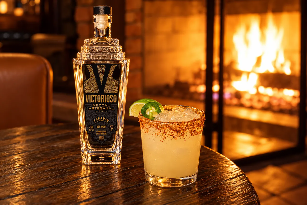 Victorioso Espadín bottle with a spicy cocktail by the fireplace in an amber-lit bar scene