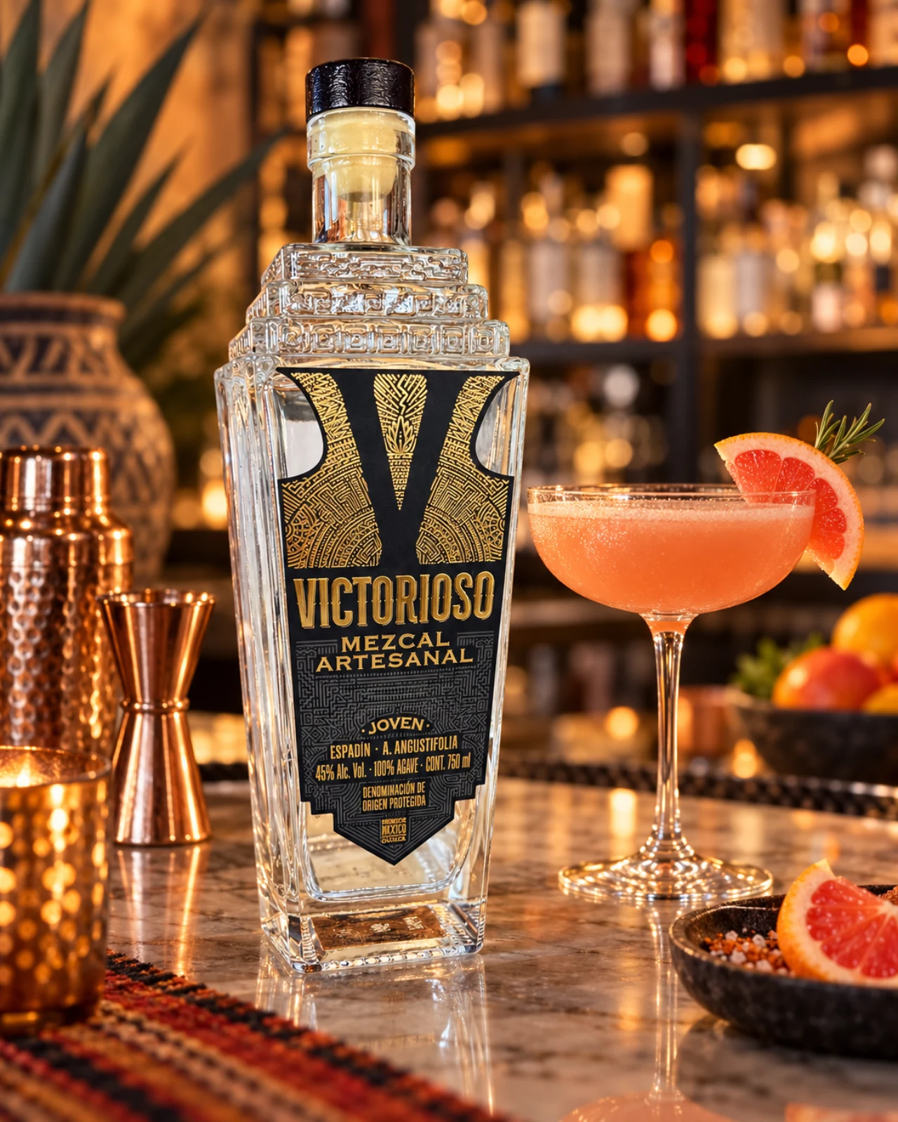 Victorioso Espadín bottle with a grapefruit cocktail and copper bar tools in an amber-lit bar scene