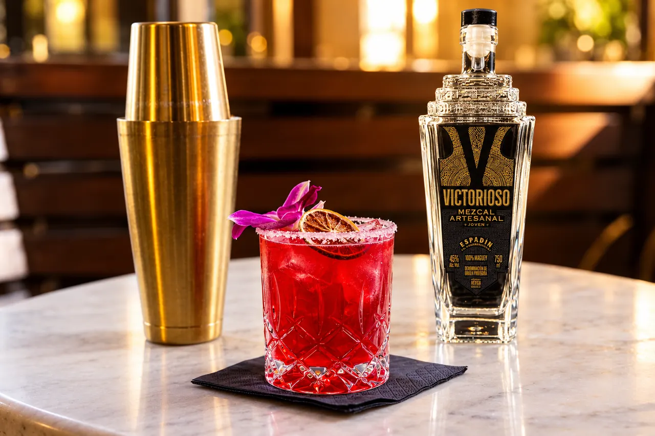 Victorioso Espadín bottle with a ruby cocktail and brass shaker in an amber-lit bar scene